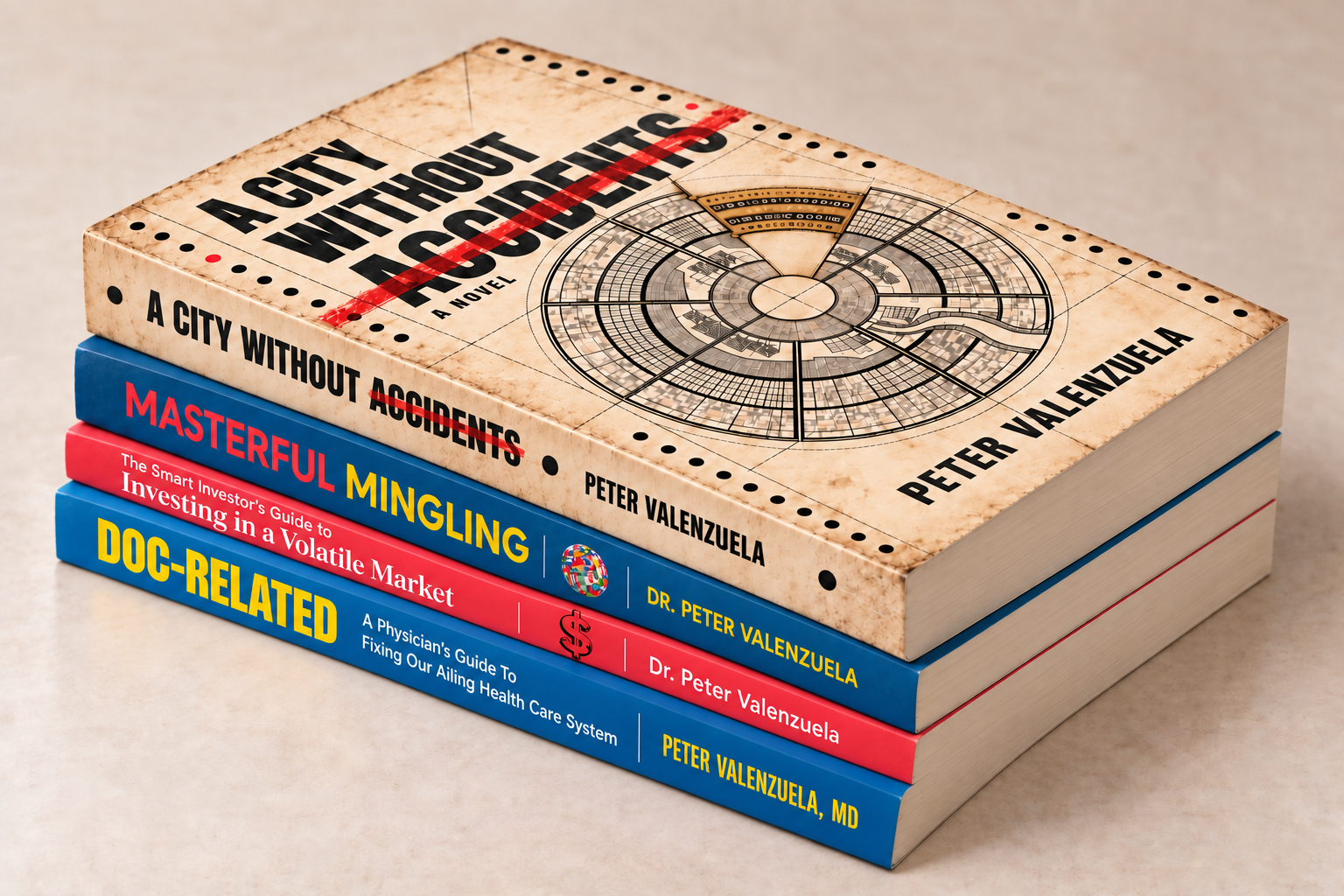 A mockup of Peter Valenzuela’s published books and forthcoming novel